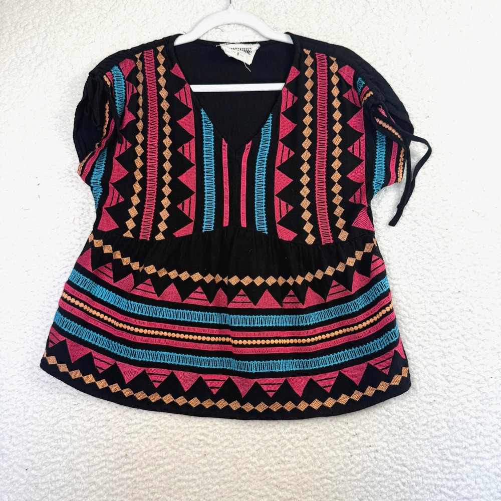 Savanna Jane Blouse Womens Small Black Embroidered Boho Geometric Aztec Babydoll